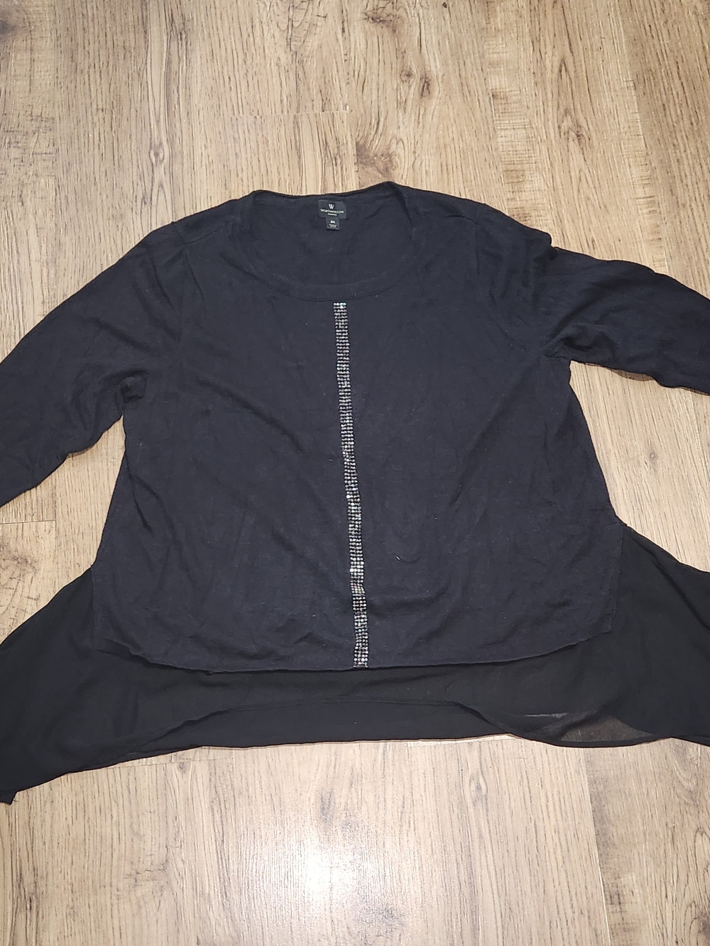 Worthington Black Layered Long Sleeve Top with Center Rhinestone Detail